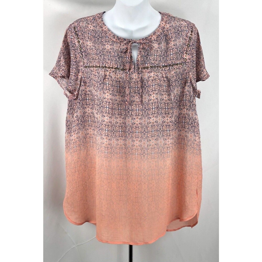 Como Vintage Keyhole Tie Top L Peach Blue Geo Flutter ShortSleeve Hippie Boho